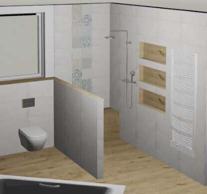 3D-Render eines modernen Badezimmers mit Dusche, Toilette, Fenster und Heizkörper.