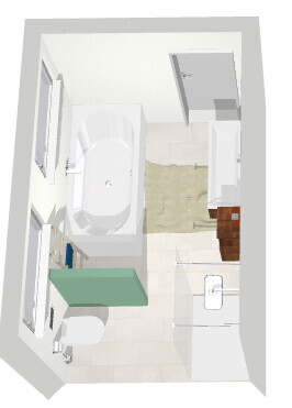 3D-Badzimmer Grundriss mit Badewanne Dusche Waschbecken und Toilette
