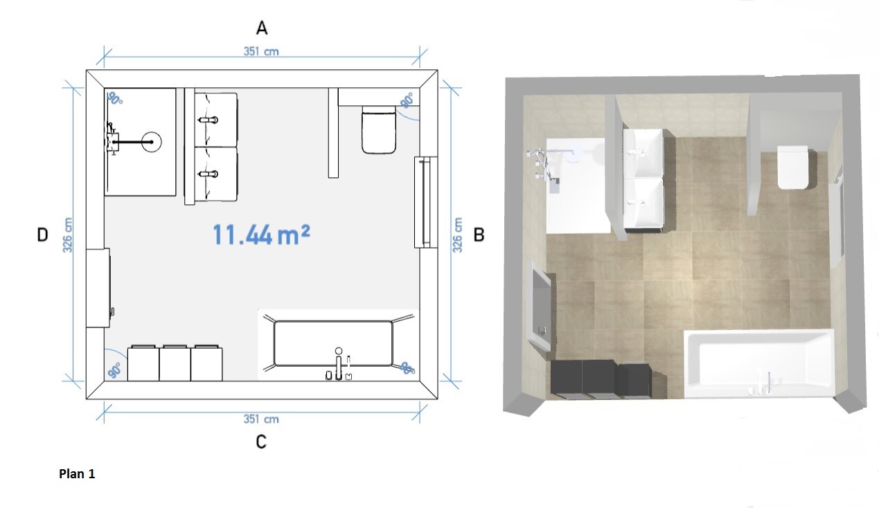 3D-Badezimmeransicht mit Badewanne, Dusche und Doppelwaschbecken neben Plan 1