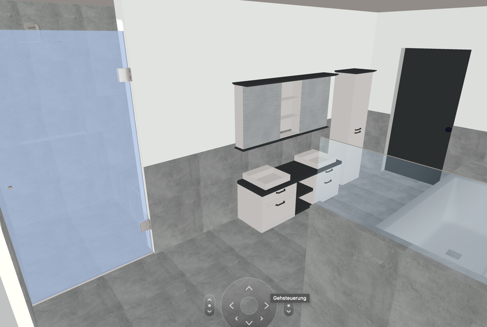 3D-Bad mit Waschbeckenunterschrank, Wandregalen, Badewanne und Tür