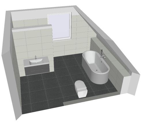 3D-Badzimmer mit Badewanne, Waschbecken und Toilette in moderner Fliesenoptik