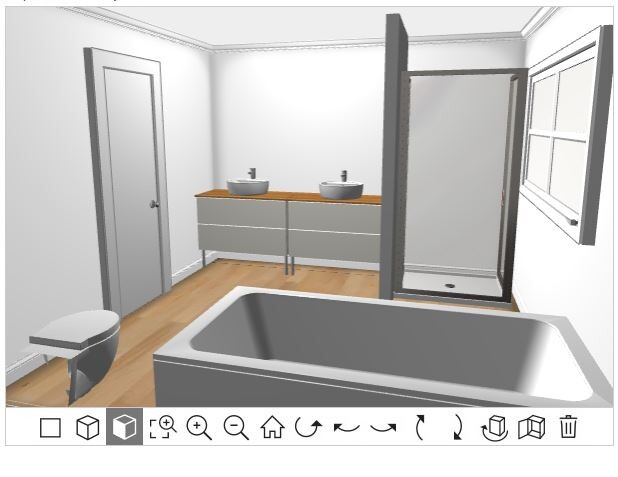 3D-Render: Modernes Badezimmer mit Badewanne, Doppelwaschbecken, Dusche und Toilette.