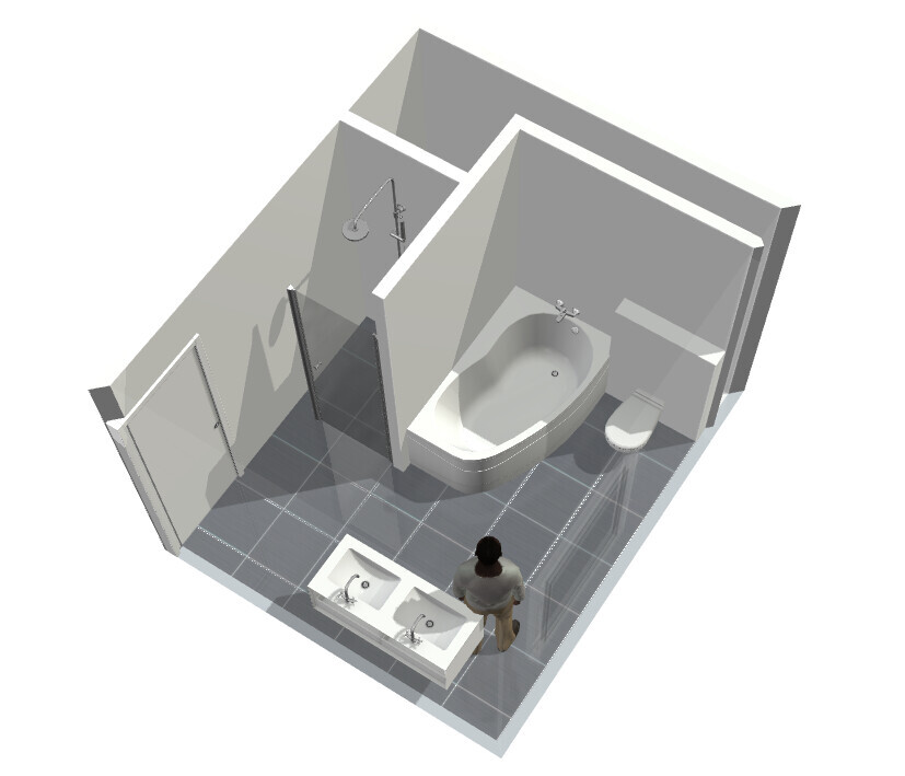3D-Badrendering mit Badewanne, Dusche, Toilette und Doppelwaschtisch
