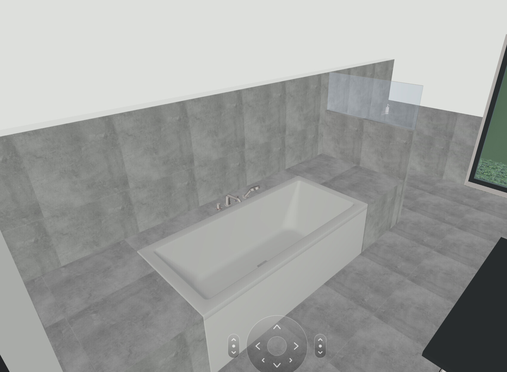 Dreidimensionales Badezimmer mit Badewanne, grauen Fliesen und Fenster