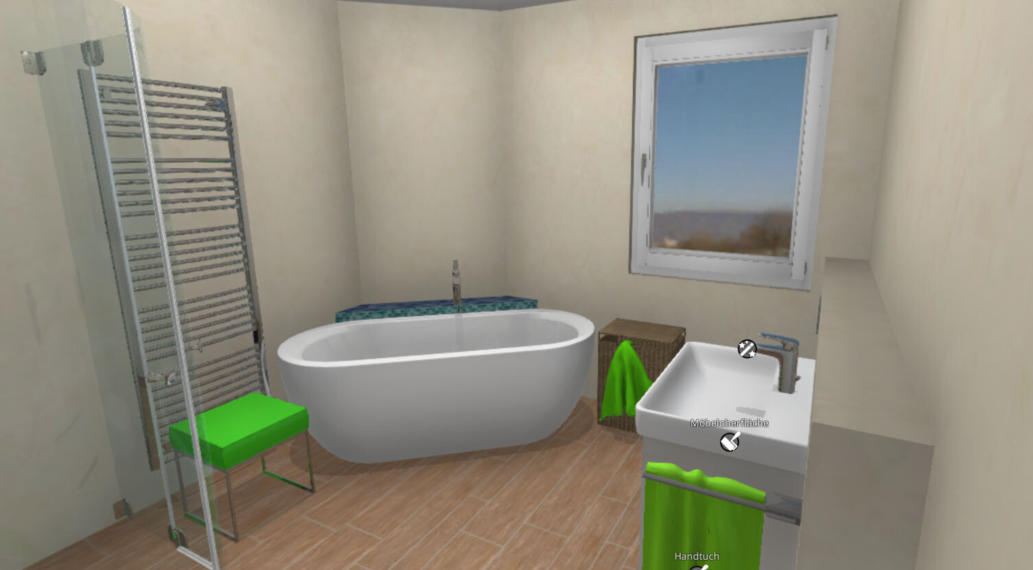 Helles Badezimmer mit freistehender ovaler Badewanne, Waschbecken, Fenster und grünem Stuhl.