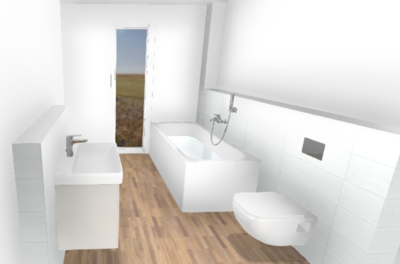 3D-Render eines hellen Badezimmers mit Waschbecken, Badewanne und WC