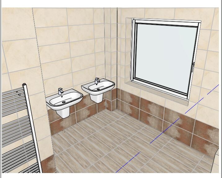 3D Badezimmer mit zwei Waschbecken, Fenster und braune Fliesen an Wand und Boden