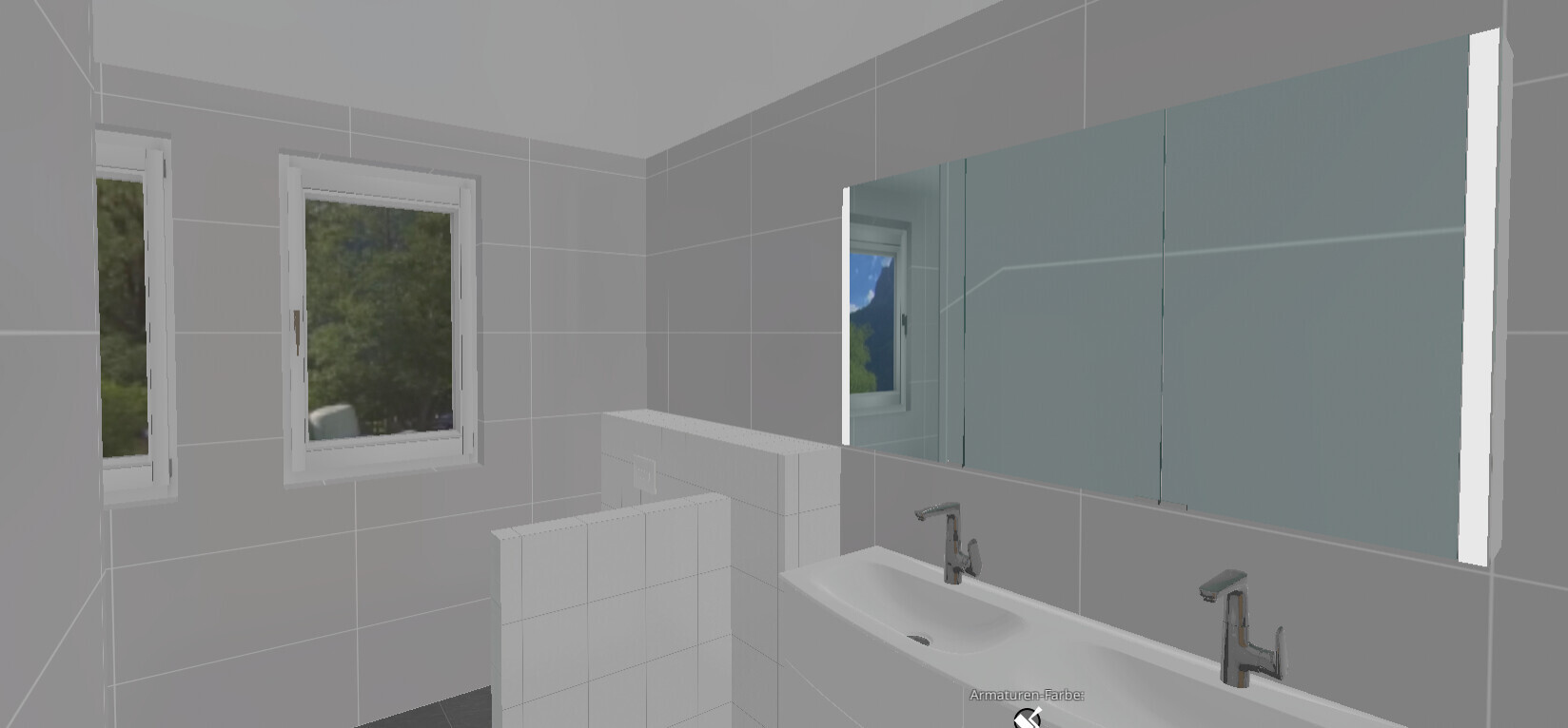 Modernes Badezimmer mit Doppelwaschbecken, Spiegelschrank, grauen Fliesen und zwei Fenstern.