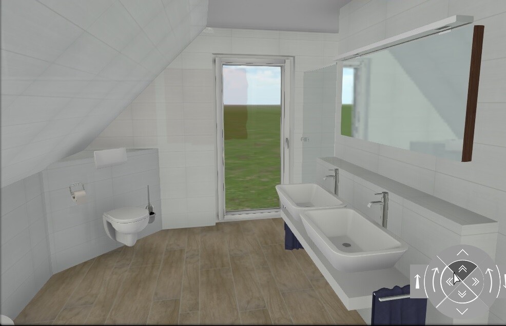 Moderne 3D-Badansicht mit Doppel-Waschbecken, Toilette und Tür zum Außenbereich
