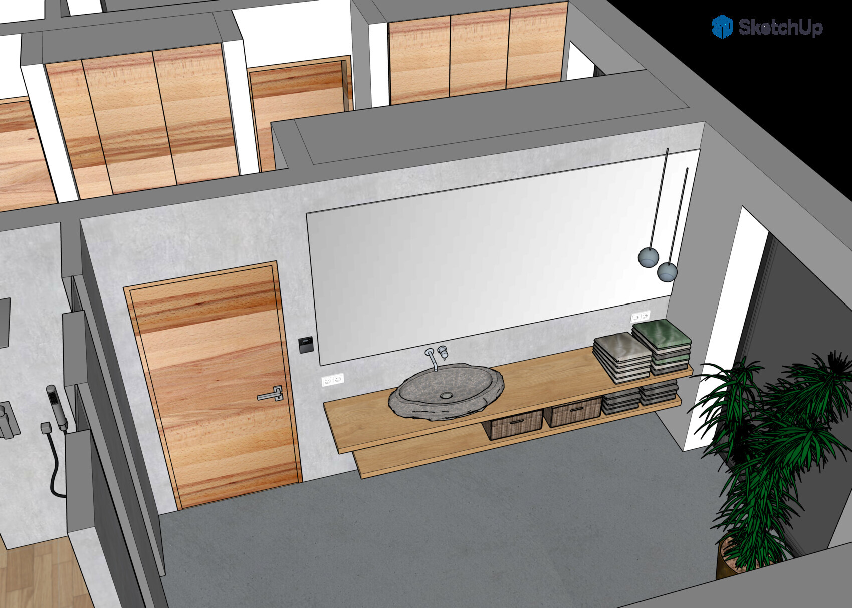 3D-Badzimmer mit runder Steinwaschbecken auf Holzkonsole und Pendelleuchten.