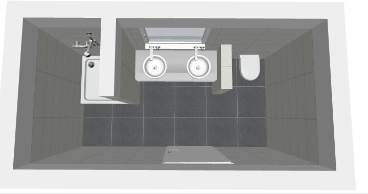 Von oben: Eine kleine rechteckige Badewanne mit Dusche links, zwei Waschbecken Mitte, WC rechts.