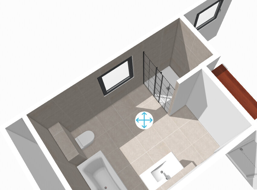 3D-Badzimmer mit Toilette, Waschbecken, Dusche und Glastür, Fliesenboden
