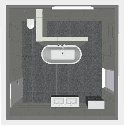 3D-Badgrundriss mit Badewanne, Doppelwaschtisch und Toilette in modernem Badezimmer