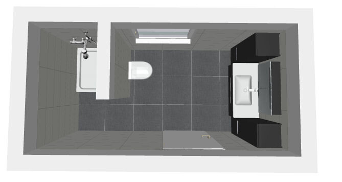 Obenansicht eines Badezimmers: Badewanne links, Toilette Mitte, Waschbecken rechts.