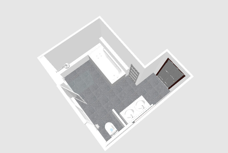 Isometrische Badezimmer-Ansicht mit Badewanne, Dusche, Doppelwaschbecken, Toilette und Tür.