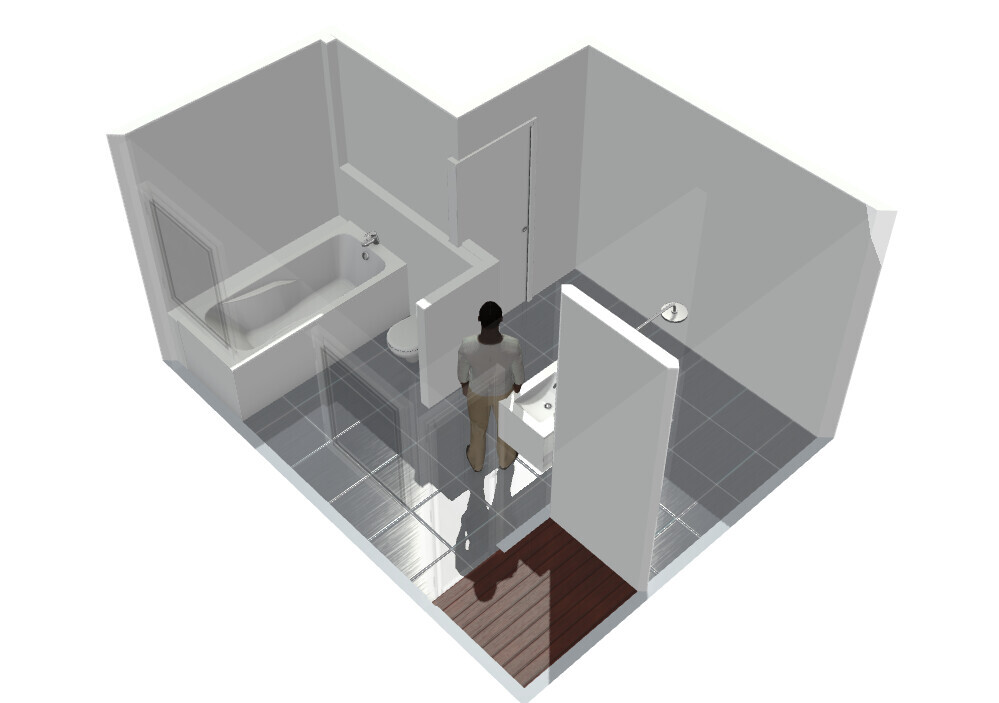3D-Badzimmer-Layout mit Badewanne, Waschbecken, Toilette und einer Person im Badezimmer