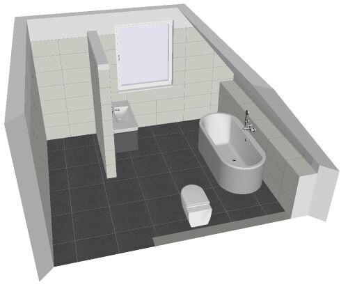3D-Badezimmer mit Badewanne, Dusche, Toilette und Waschbecken.