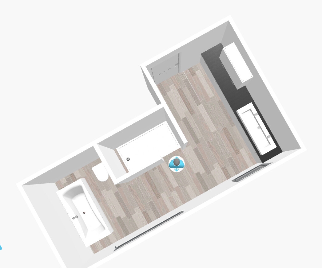 Isometrischer Grundriss einer Wohnung: Bad links, Küche rechts, Holzboden, Avatar in der Mitte.