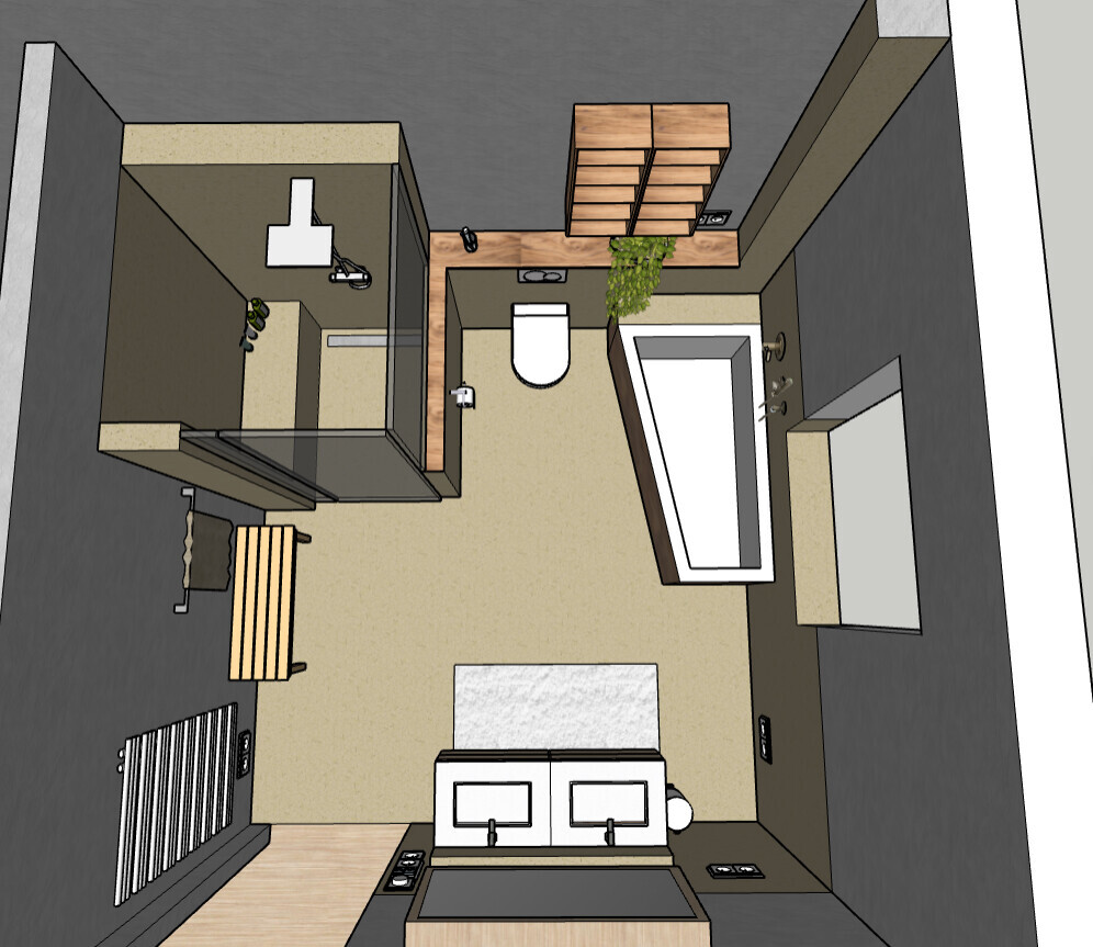 3D-Badezimmer mit Dusche, WC, Badewanne, Doppelwaschbecken und Holzregal.