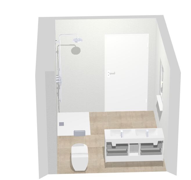3D-Badezimmer mit Dusche, Toilette und Waschbeckenunterschrank in hellem Design.