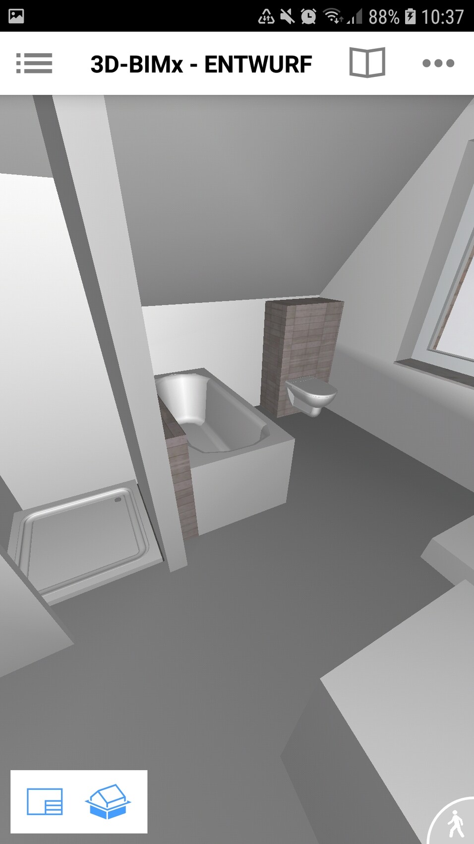 3D-Badezimmer-Entwurf: Badewanne, Toilette, Dusche, braune Fliesen, Fenster