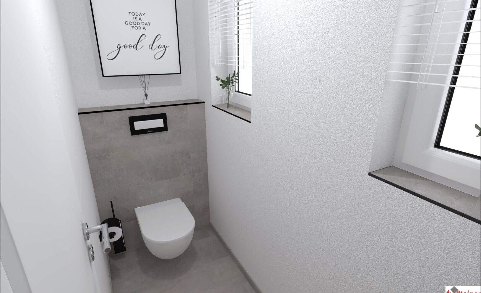 3D-Badraum mit Toilette, Spülkasten, Fenster und Jalousien im modernen Design.