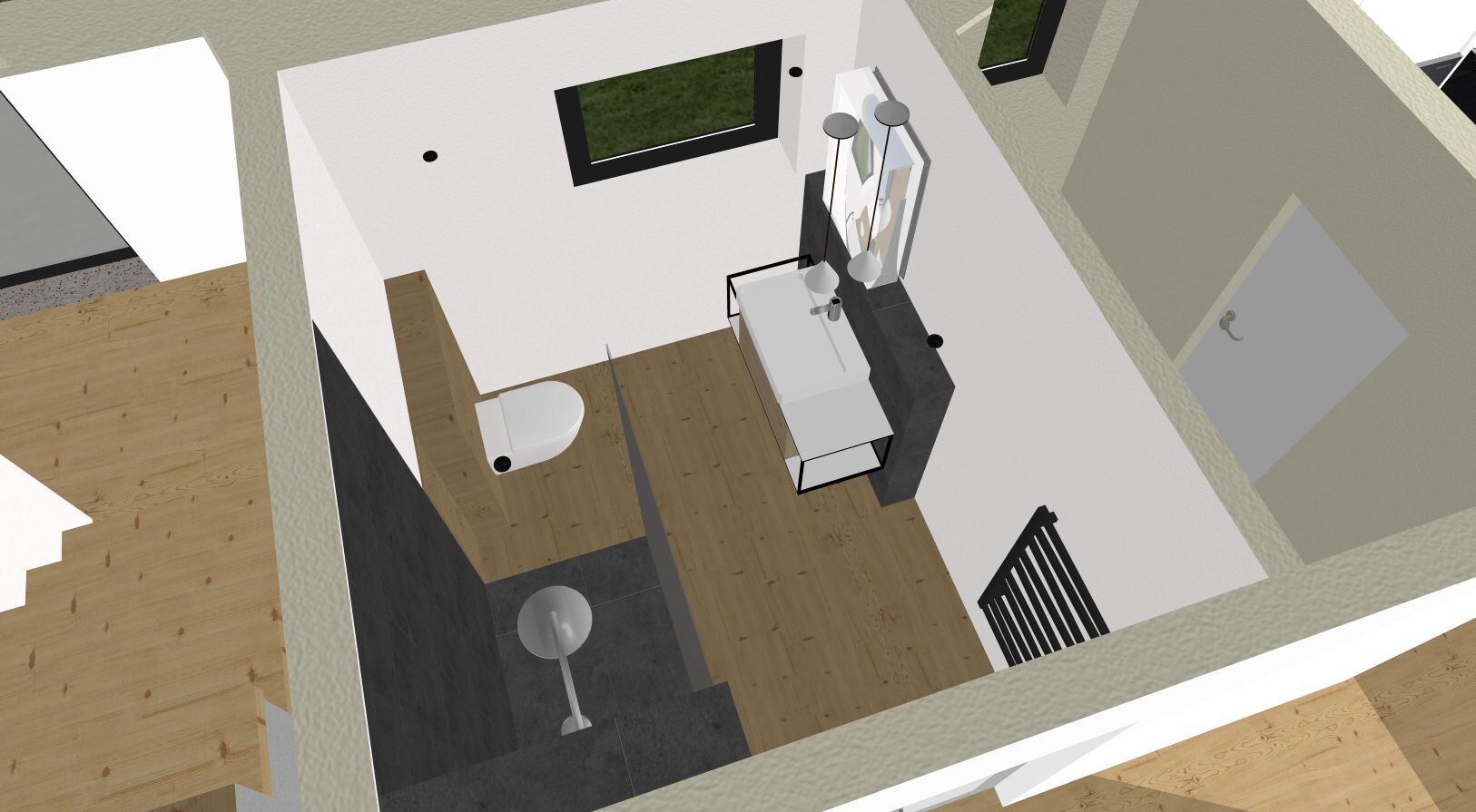 Moderne Badezimmer-Ansicht von oben: Waschbecken mit Unterschrank, WC, Dusche, Heizkörper.