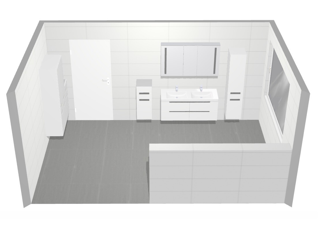 Dreidimensionales Badezimmer-Layout mit Waschtisch, Spiegelschrank und Stauraum-Möbeln.