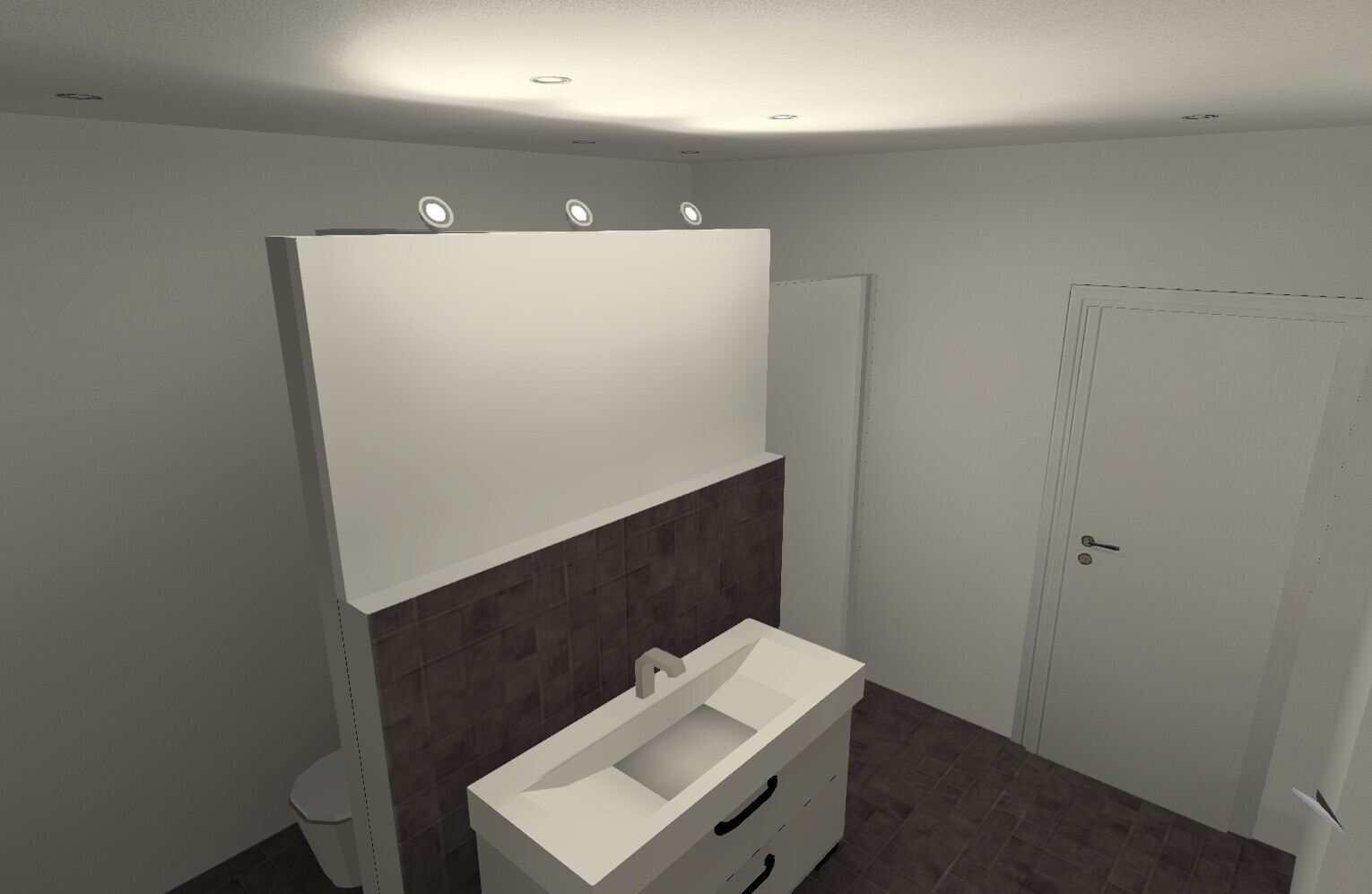 Badezimmer mit weißem Waschtisch, dunkler Fliesenwand, drei Deckenleuchten, Tür rechts
