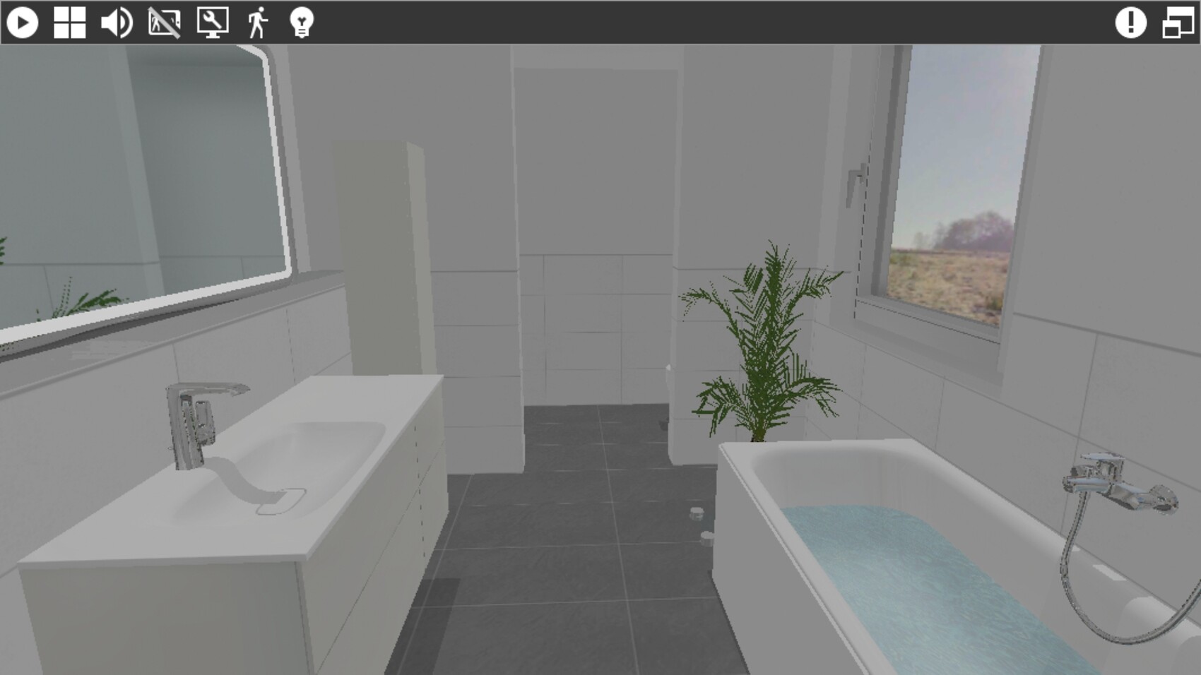 Modernes Badezimmer mit Waschbecken, Badewanne, Pflanze und Fenster.
