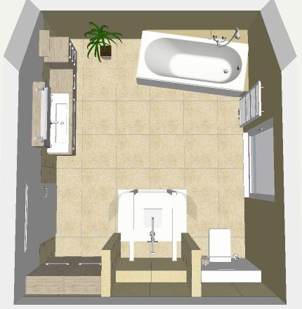 3D-Badgrundriss mit Badewanne, Waschbecken, Toilette, Möbeln und Pflanze in hellem Fliesenraum