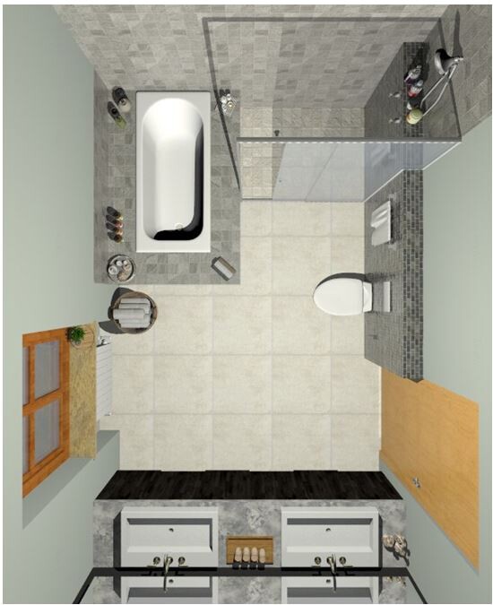 3D-Badzimmer-Planung mit Badewanne, Dusche, Toilette und Waschbecken in moderner Gestaltung