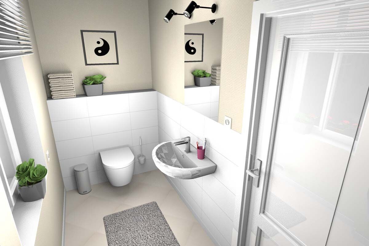 Kleines modernes Badezimmer mit Toilette, Wandwaschbecken, Spiegel, Leuchte, Fenster mit Jalousien, Pflanzen.