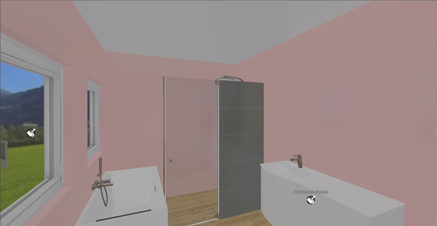 Badezimmer mit rosa Wänden, Badewanne, Waschbecken, Dusche und Fenster mit Blick ins Grüne.