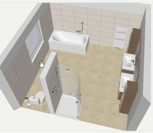 3D-Badzimmer mit Badewanne, Dusche, Toilette, Waschbecken und Unterschränken