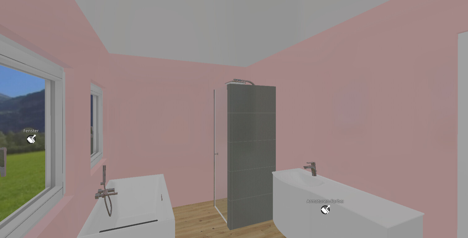 Badezimmer mit rosa Wänden, Badewanne links, grauer Schrank, Duschabtrennung, Fenster mit Ausblick.