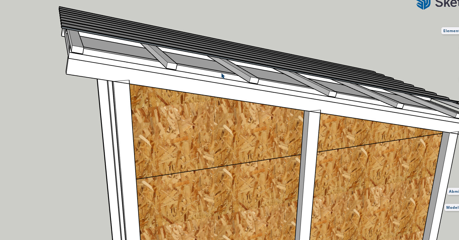 3D-Dachkonstruktion mit Dachstuhl, OSB-Wänden und Dachrahmen im Modell
