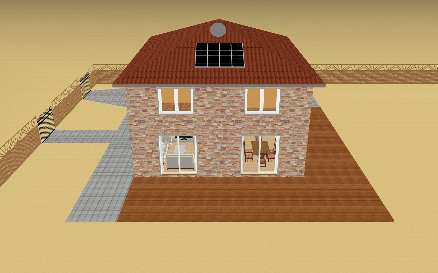 Zweistöckiges Backsteinhaus mit rotem Ziegeldach, Solarpanelen, Satellitenschüssel und Holzterrasse