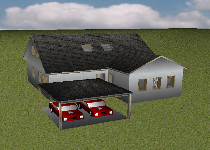Einfamilienhaus mit Carport und zwei roten Autos im Carport auf grünem Rasen.