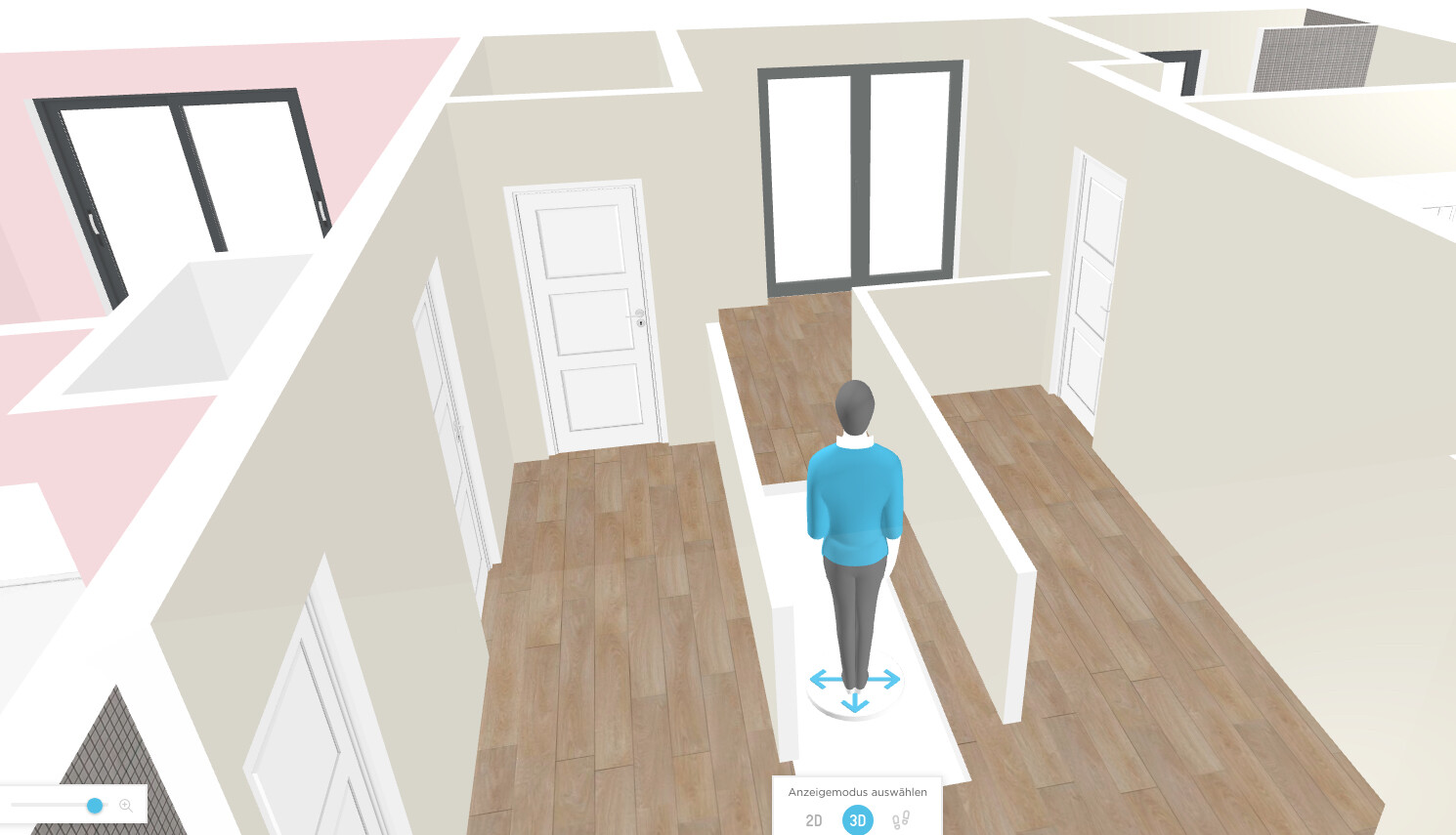 3D-Ansicht eines Flurs: Person steht auf runder Plattform mit Pfeilen, Türen und Fenster sichtbar.