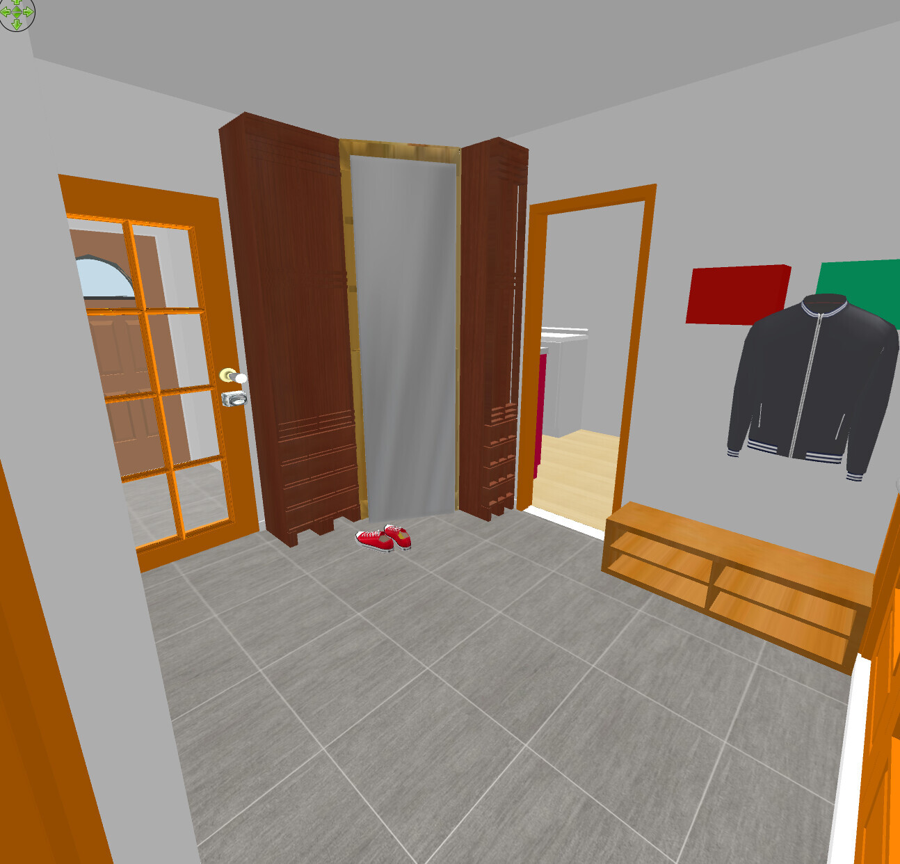 Virtueller Eingangsbereich mit Garderobe, Schuhen, Spiegel, Holzschrank und Jackenwand.