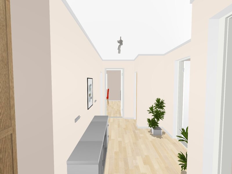 3D-Flur mit Holzfußboden, Pflanzen und hellem Eingangsbereich in modernem Innenraum.
