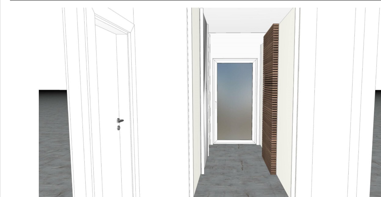 Schmaler heller Flur mit Türen links, Holzlamellen rechts und Fenster am Ende