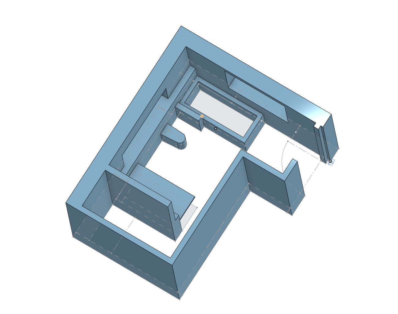 3D-Grundriss eines Innenraumlayouts mit Wänden und Durchgängen