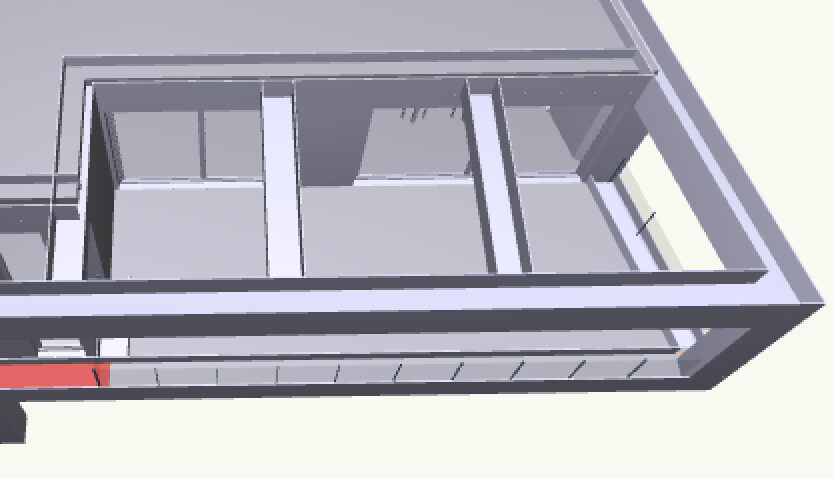 Draufsicht eines 3D-Innenraum-Grundrisses mit Wandaufteilung und mehreren Zimmern