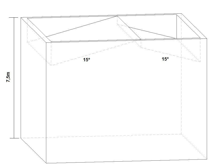 3D-Grundrissskizze eines Gebäudes mit schrägem Dach und 15° Neigung