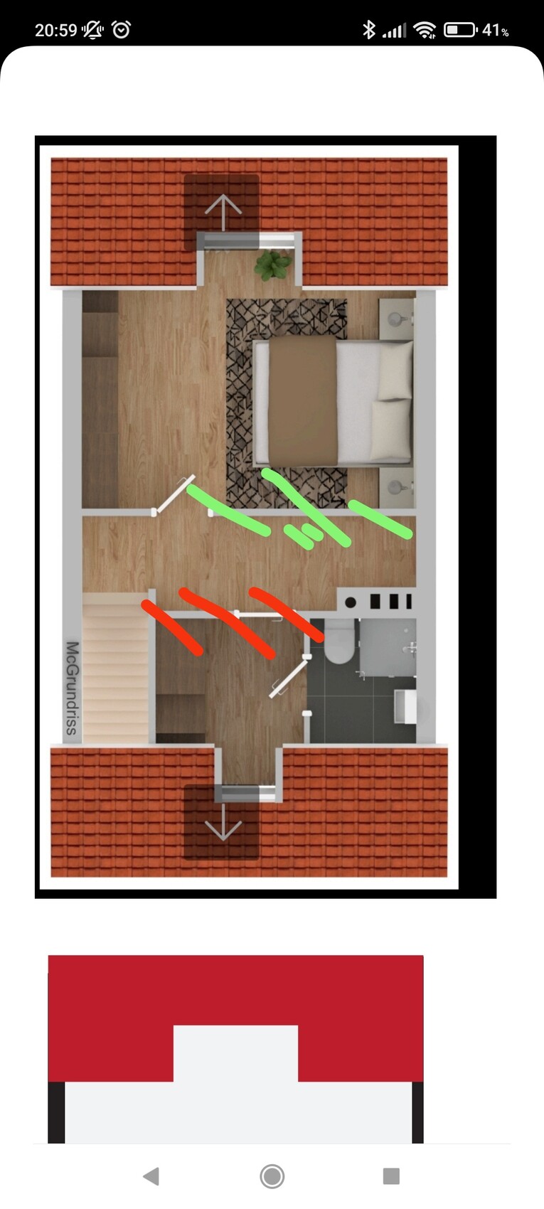 Grundriss einer Wohnung: Schlafzimmer mit Bett, Bad rechts, Küche, Treppe, farbige Linien.