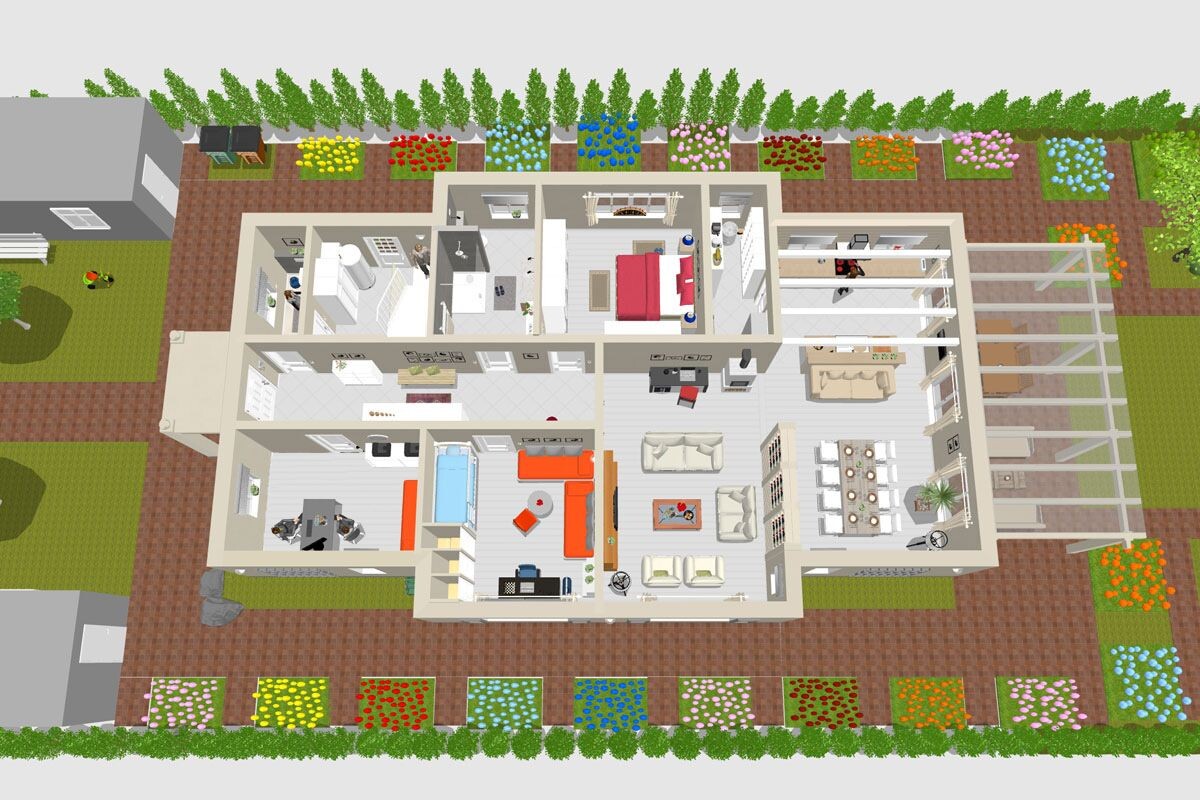 3D-Haus-Grundriss mit Wohnzimmer, Küche, Schlafzimmer, Büro und Garten mit bunten Beeten