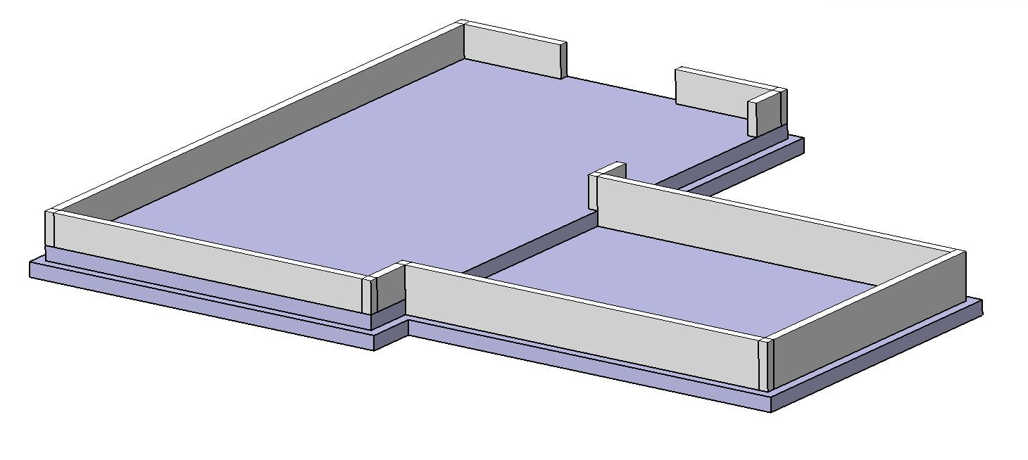 Isometrische 3D-Darstellung eines rechteckigen Betonfundaments mit umlaufenden Wänden.