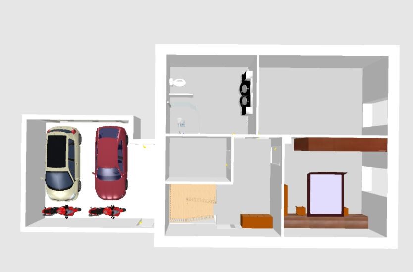 3D-Grundriss eines Hauses mit Garage, zwei Autos, Schlafzimmer und Bad im Innenbereich